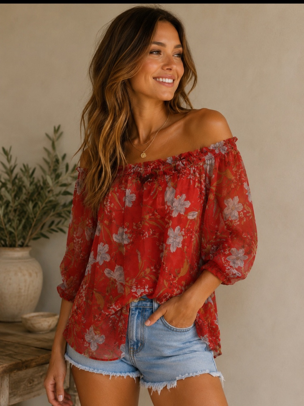 Vince Camuto Red Floral Blouse